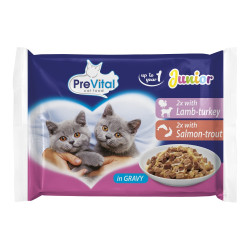 Hrană pentru pisici Prevital Junior, miel, curcan, somon și păstrăv, pungă 100 g (pachet de 4)