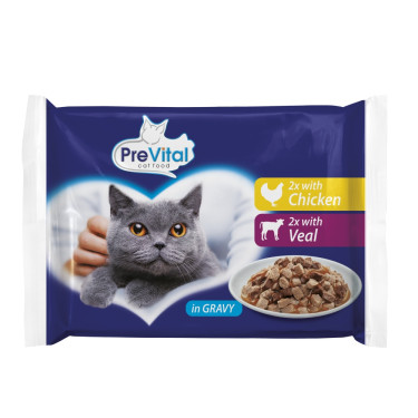 Hrană pentru pisici PreVital cu pui și vițel în sos, pungă de 100 g (pachet de 4)