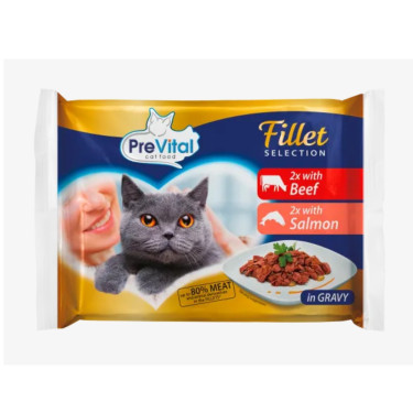 Hrană pentru pisici PreVital Fillet Selection cu vită și somon, pungă de 85 g (pachet de 4)