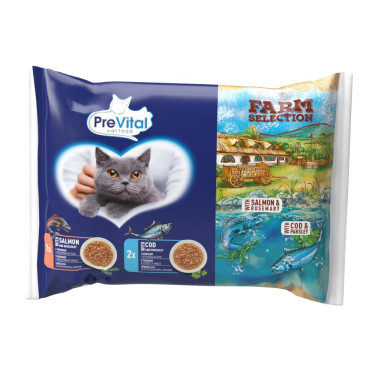 Hrană pentru pisici Prevital Farm Selection la pungă cu somon și cod în sos, pungă 85 g (pachet de 4)