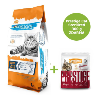 Granule pentru pisici Diamant Cat Micio Vită și Pui 2 kg + Prestige Cat Sterilizat Manzo Vită 300 g GRATUIT