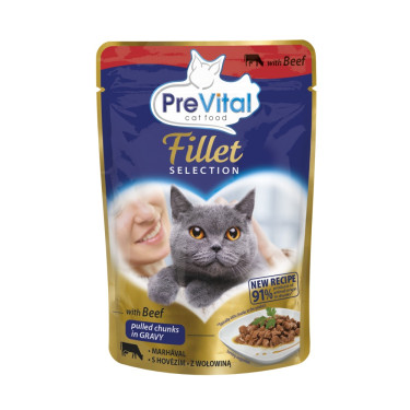 PreVital Fillet Selection carne de vită pentru pisici, pungă 85 g