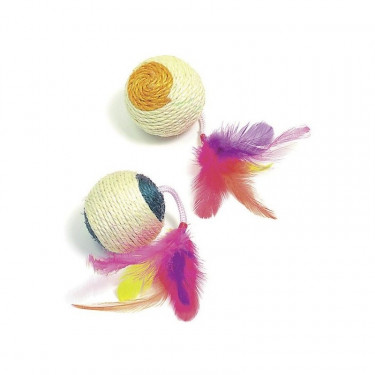 Jucărie pentru pisici - minge din sisal cu pene 6 cm, cu iarbă pentru pisici  